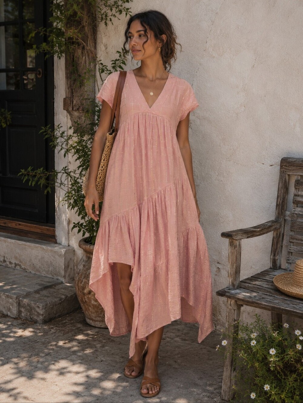 Zara TRF Pink Gold Lurex Boho Tiered Maxi Dress Cottagecore Festival Size S